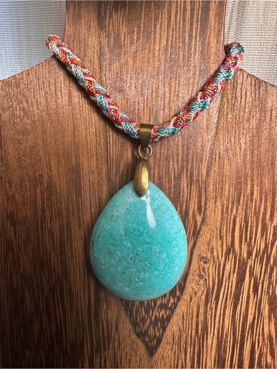 Jewelry - Handcrafted Green Coral Fossil Teardrop Pendant Necklace on Multicolor Rope